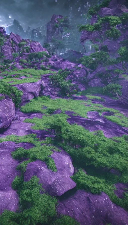 Image similar to Purple Valley, sweat drops, insane, intricate, highly detailed, smooth, sharp focus, Unreal Engine 5, 8K