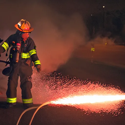 Image similar to photo of a firefighter using a flamethrower projecting a long flame. award-winning, highly-detailed