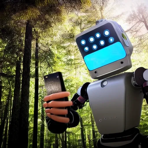 Image similar to A robot taking a selfie in the forest and grinning from ear to ear