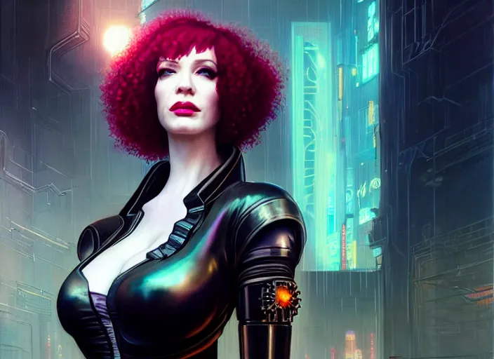 Image similar to portrait shot of a christina hendricks wearing cyberpunk clothing in cyberpunk 2 0 7 7, intricate, elegant, highly detailed, centered, digital painting, artstation, concept art, smooth, sharp focus, illustration, artgerm, tomasz alen kopera, peter mohrbacher, donato giancola, joseph christian leyendecker, wlop, boris vallejo