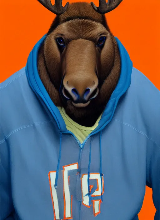 Image similar to portrait of high school senior boy named big moose, blonde short hair, jock, beefy, wide face, square jaw, square facial structure, blue varsity jacket with the word moose, intricate, elegant, glowing lights, highly detailed, digital painting, artstation, concept art, sharp focus, illustration, art by wlop, mars ravelo and greg rutkowski