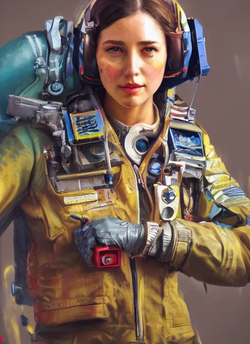 Image similar to detailed full body concept art illustration colorful oil painting of a female pilot in full intricate clothing, ultra detailed, digital art, octane render, 4K, dystopian, micro details, hyper realistic