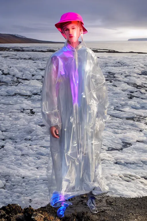 Image similar to an ultra high definition professional high fashion portrait studio full length photograph of a model wearing a transparent pearlescent raincoat and neon visor in an icelandic black rock environment at dawn. no artefacts. extremely detailed. stark. refraction. shallow depth of field. volumetric light and shadow. ray tracing. light rays.