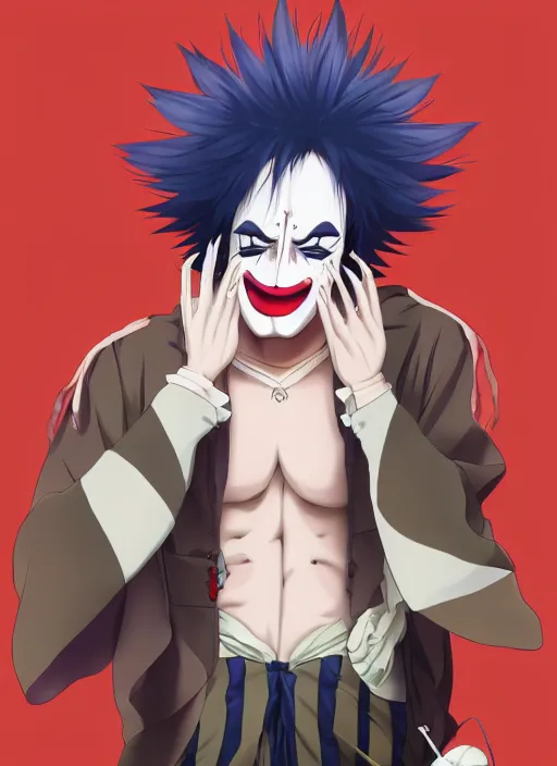 Image similar to portrait of the depressed clown removing his makeup, anime fantasy illustration by tomoyuki yamasaki, kyoto studio, madhouse, ufotable, trending on artstation