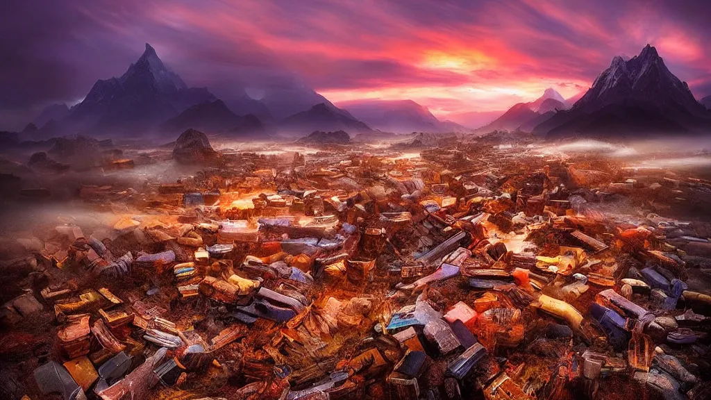 Prompt: amazing landscape photo of poop city, sunset by marc adamus, beautiful dramatic lighting