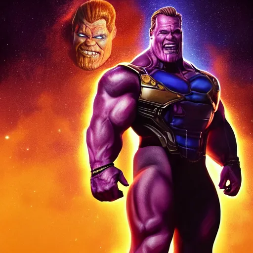 Image similar to arnold schwarzenegger as thanos, highly detailed, amazing digital art, cinematic, trending on artstation, 4K HD