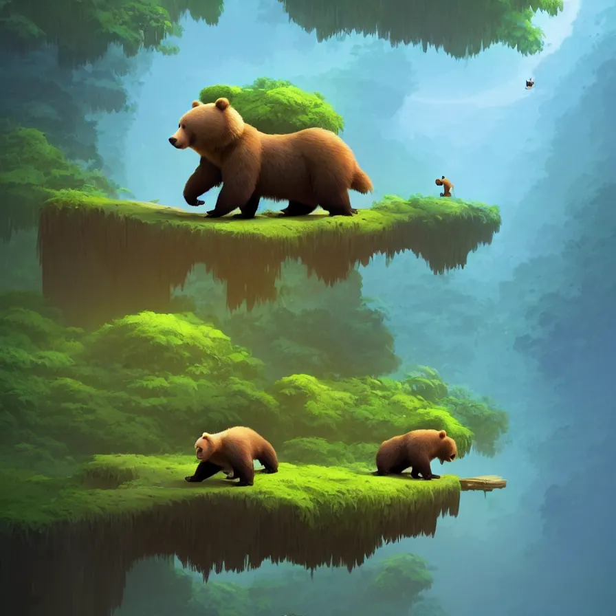 Image similar to A single bear atop a loose log navigating a deep blue river through the jungle, jungle, art by Goro Fujita, ilustration, concept art, sharp focus, ArtStation, Deviantart