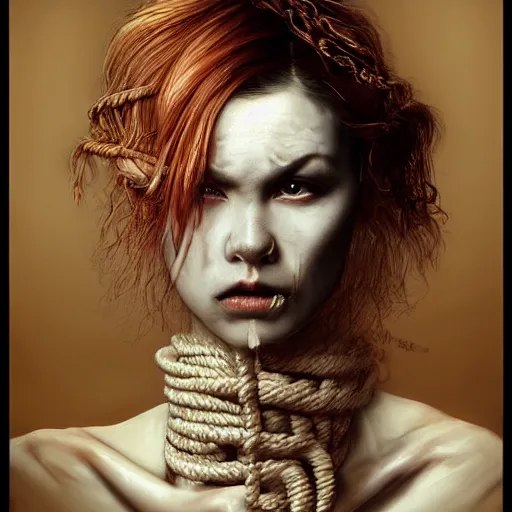 Image similar to portrait of a Shibari rope wrapped face and neck, headshot, insanely nice professional hair style, dramatic hair color, digital painting, of a old 13th century, traveler, amber jewels, baroque, ornate clothing, scifi, realistic, hyperdetailed, chiaroscuro, concept art, art by Franz Hals and Jon Foster and Ayami Kojima and Amano and Karol Bak,