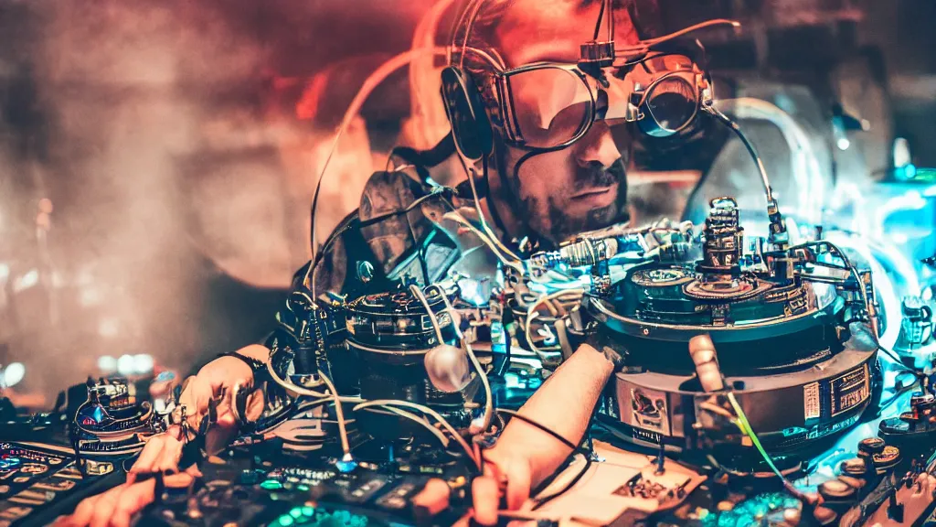 Image similar to a person wearing goggles and visor and headphones using a steampunk record player contraption, wires and tubes, turntablism dj scratching, intricate planetary gears, complex, cinematic, imax, sharp focus, iridescent, black light, fog machine, lasers