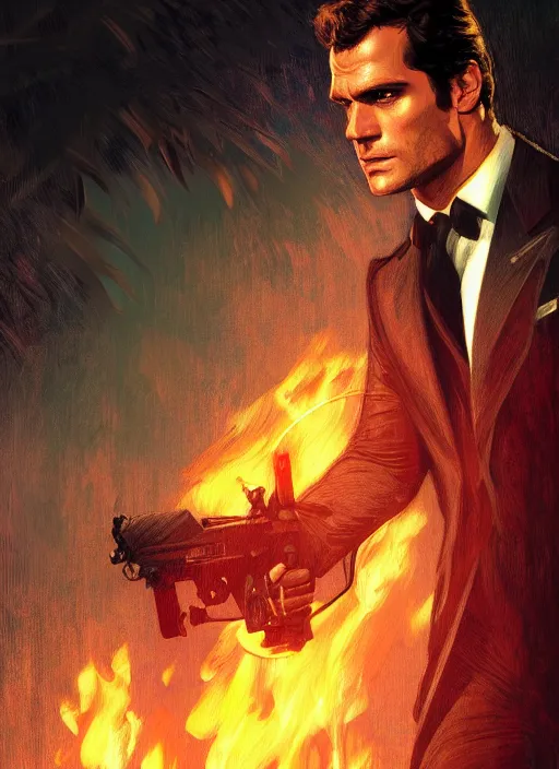 Image similar to portrait of henry cavill as james bond, fire, key art, palm trees, aston martin, highly detailed, digital painting, artstation, concept art, cinematic lighting, sharp focus, illustration, by gaston bussiere alphonse mucha