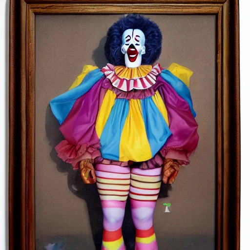 Image similar to portrait of a female birthday clown, full body, painted by Trevor brown