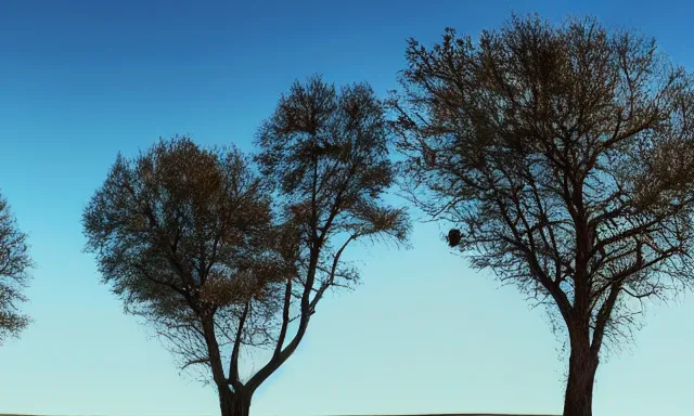 Image similar to panorama of big raindrops flying upwards into the perfect cloudless blue sky from a dried up river in a desolate land, dead trees, blue sky, hot and sunny highly-detailed, elegant, dramatic lighting, artstation, 4k, cinematic landscape, photograph by National Geographic