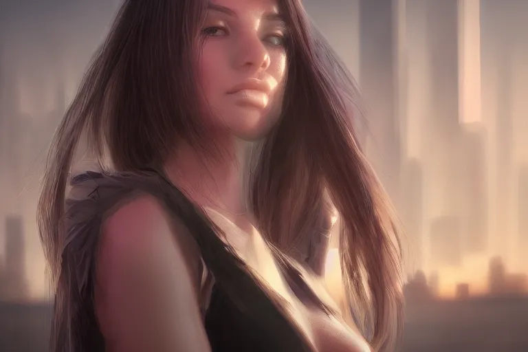 Image similar to hyperrealistic close up portrait of stunningly beautiful girl, lit by dawn light, cyberpunk city on background, trending on artstation