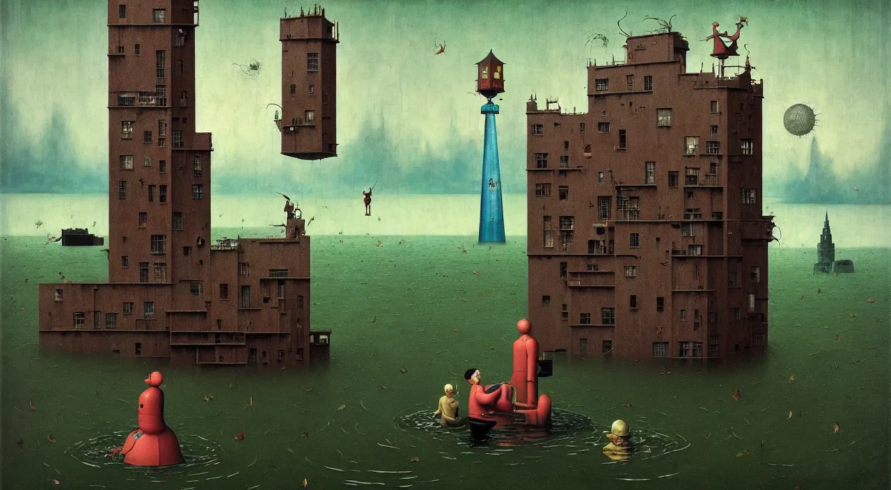 Image similar to single flooded simple!! mark ryden tower, very coherent and colorful high contrast masterpiece by norman rockwell franz sedlacek hieronymus bosch dean ellis simon stalenhag rene magritte gediminas pranckevicius, dark shadows, sunny day, hard lighting