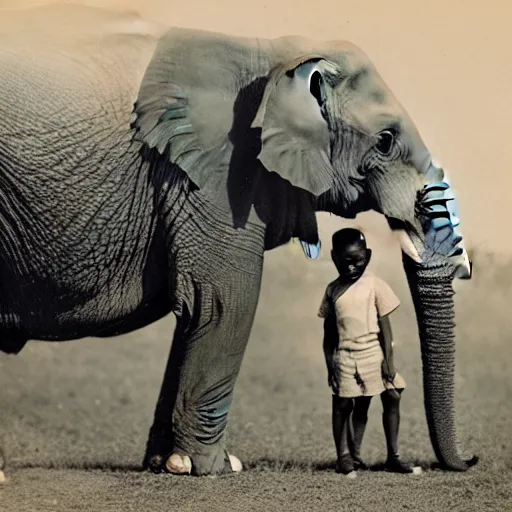 Image similar to an extremely detailed photo by john l. gaunt of a small boy standing next to an elephant with an extremely long trunk