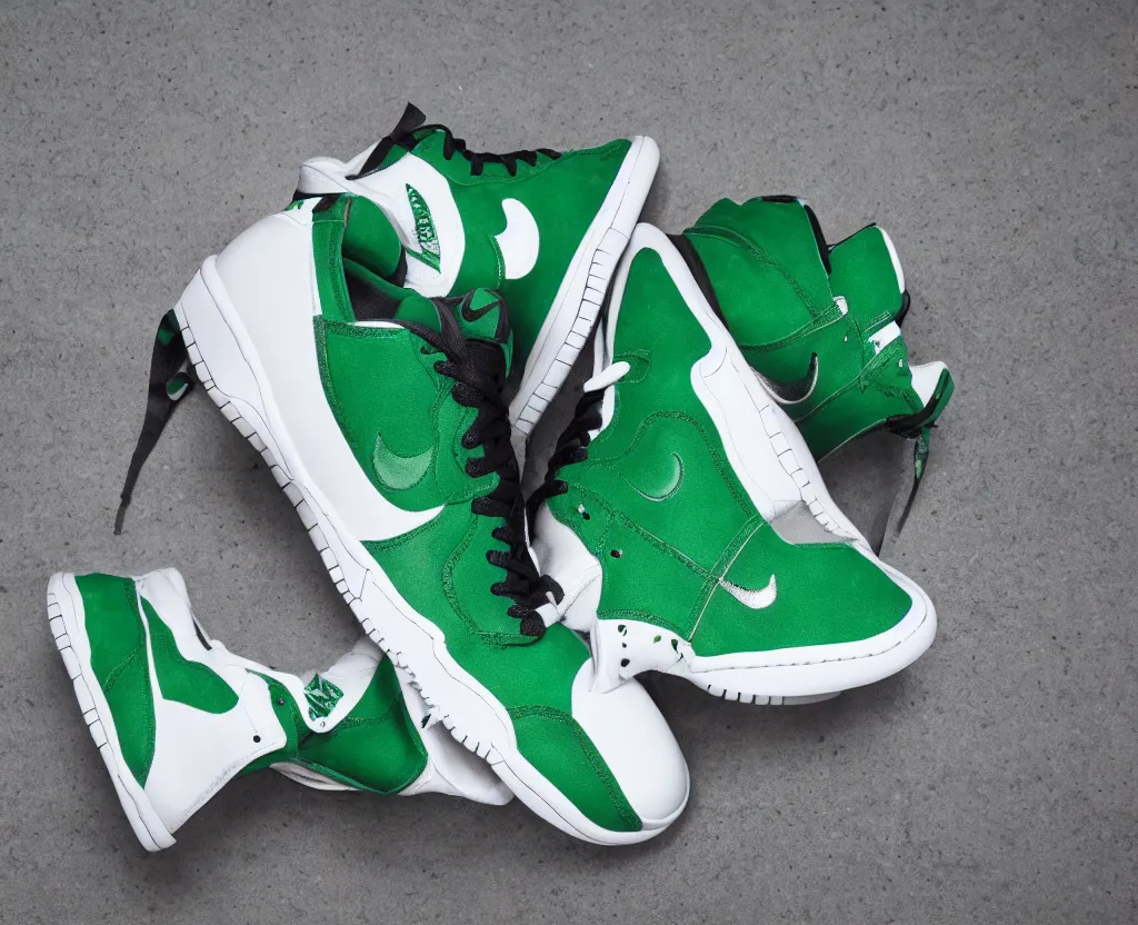 Image similar to a press photograph of nike dunks low pine green and white, size 1 0, white background