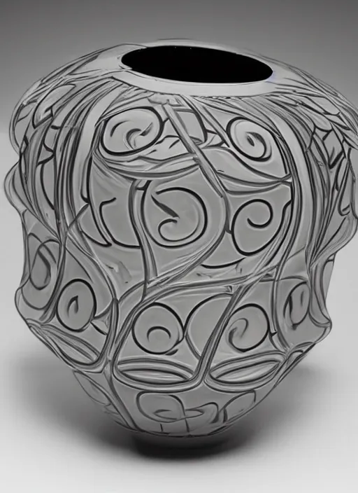 Image similar to Escher inspired flowerpot, with flowers, designed by Rene Lalique