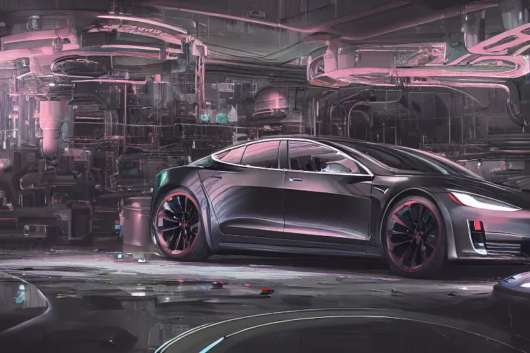 Prompt: a photo of a futuristic science fiction tesla car on a reflective black floor in a cyberpunk robot factory, hyper detailed, smooth, high contrast, volumetric lighting, octane, jim lee, craig mullins, vibrant rich deep color