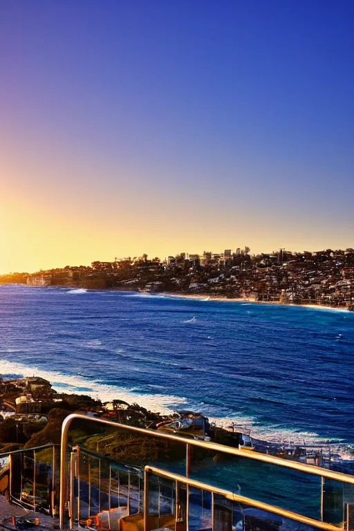 Image similar to View from Bondi Beach balcony, golden hour, depth of field, high resolution, award winning.