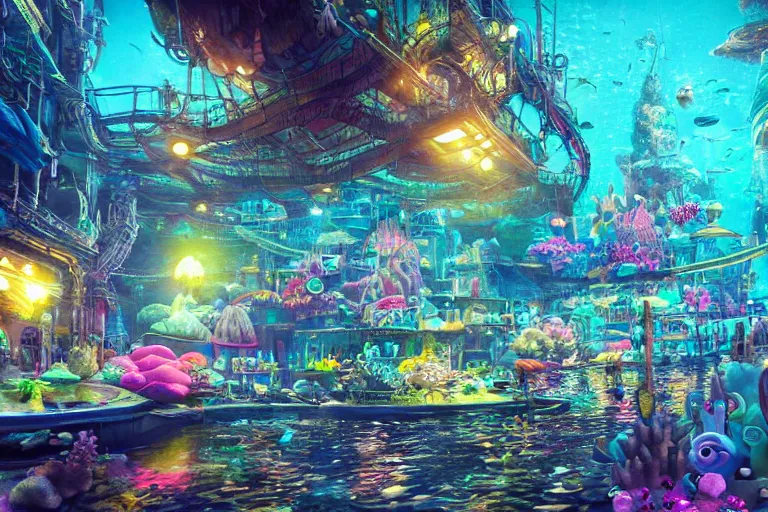 Prompt: the most amazing dream you ever had about undersea bikini bottom city, hyper realistic, ambient lighting, concept art, intricate, hyper detailed, smooth, dynamic volumetric lighting, octane, cinematic