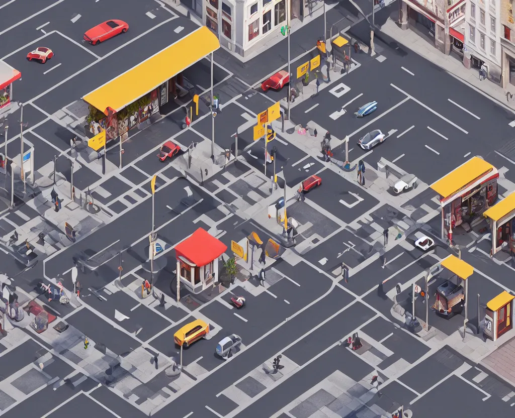 Image similar to cute street corner with shops, cars and pedestrians, isometric view, octane 3d, ray tracing, volumetric lighting