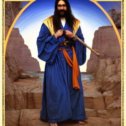 Prompt: orientalist portrait of a wizard in a blue robe blasting with lightning intricate in front of sandstone cliffs at night artwork by Fabio Fabbi and john william waterhouse and Edwin Longsden Long and Nasreddine Dinet and Theodore Ralli trending on artstation, very coherent symmetrical artwork high detail 8k