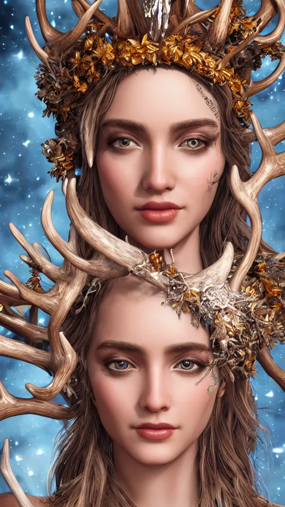 Prompt: highly detailed close up portrait of Artemis, goddess of the hunt and the moon, wearing a crown made of antlers, studio lightning, bright colors, intricate, masterpiece, photorealistic, hiperrealistic, sharp focus, high contrast, Artstation HQ, DeviantArt trending, 4k UHD, Unreal Engine 5