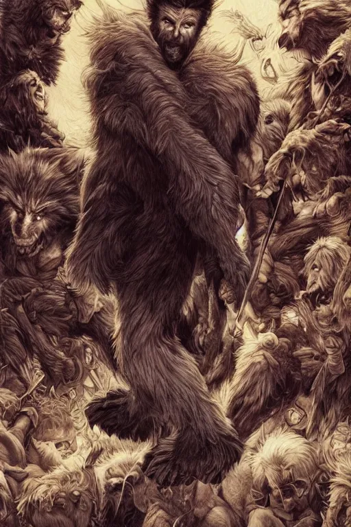 Image similar to hugh jackman as the wolfman, jean baptiste monge, alan lee, dan mumford, alex horley, cedric pavravernay, jc leyendecker, james jean, realistic painting, highly detailed