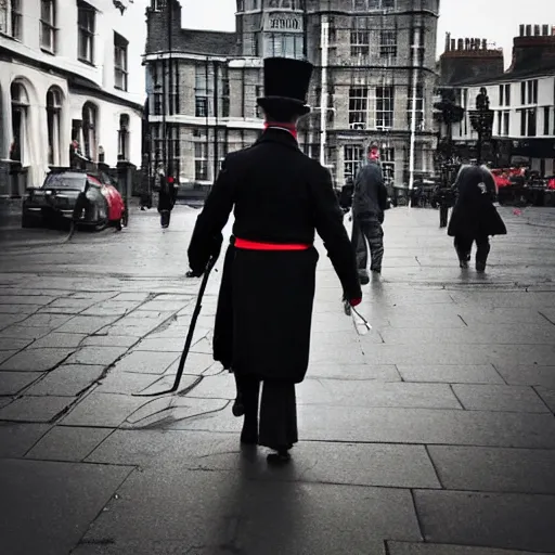 Image similar to 1850s Victorian chimney sweeper walking down the street in London, photo taken with an iPhone, HD