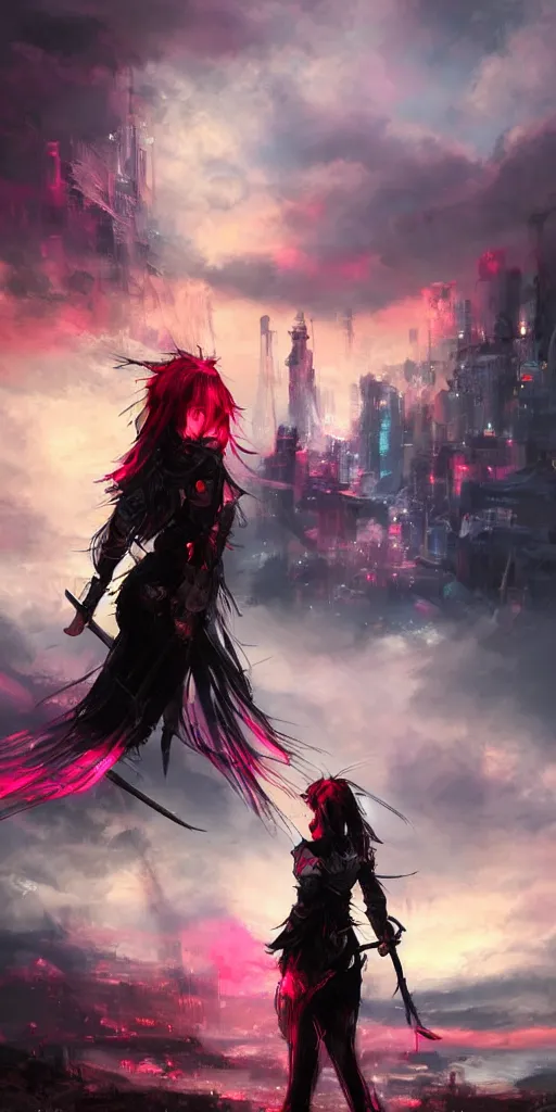 Image similar to back shot of one beautiful girl warrior in punk jacket gazing back into distance land, holding two swords, the swords glows in neon red. standing on wet road, digital art by wlop. artstation contest winner, cinematic paint. lower shot. dramatic cloud and ruined city in background.