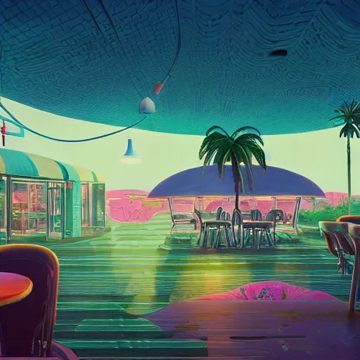 Image similar to inside psychedelic beachfront fast food restaurant with palm trees by simon stalenhag