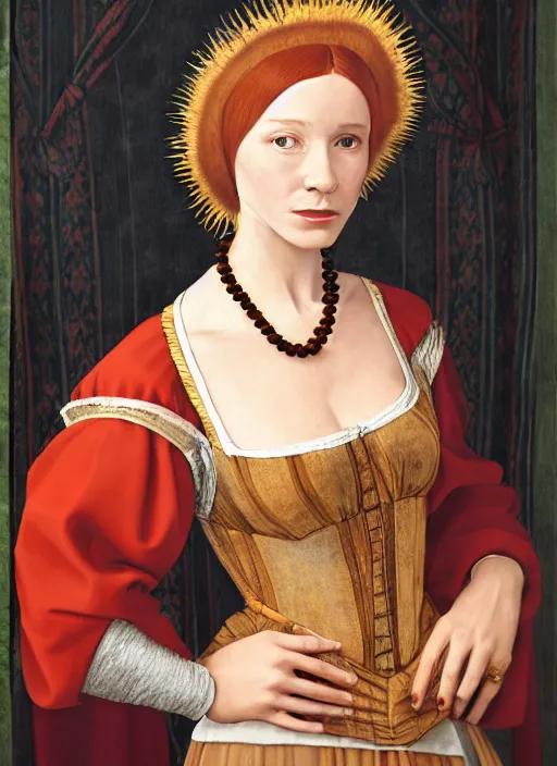 Image similar to portrait of young woman in renaissance dress and renaissance headdress, style by the fifth element