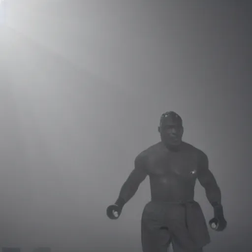 Image similar to a still of mike tyson, cinematic, 4 k, god rays through fog