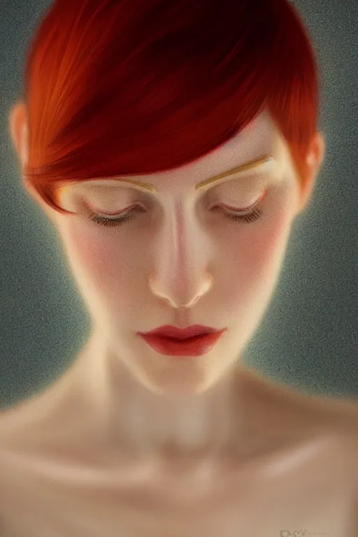 Prompt: Portrait of a beautiful pale skin Nordic female with short red hair, elegant, photorealistic, highly detailed, artstation, smooth, sharp focus, gold ornaments, neon lighting, sci-fi, art by Klimt.