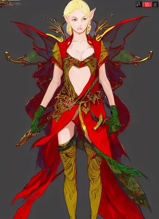 Prompt: Full body portrait of a beautiful young blonde short haired elven princess wearing red, green and gold robe, vibrant holy aura. In style of Yoji Shinkawa and Hyung-tae Kim, trending on ArtStation, dark fantasy, great composition, concept art, highly detailed.