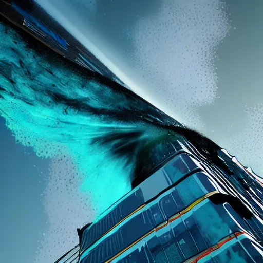 Prompt: low angle shot looking up towards towering deep turquoise tidal wave crashing down into Night City 2077 on a sunny afternoon, realistic photo, UE5