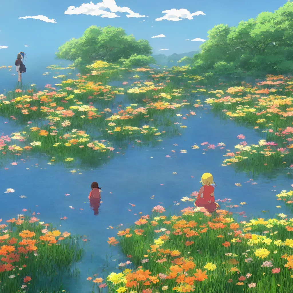 Image similar to a beautiful lake with blooming flowers, sunshine, warm colors, relaxing, calm, cozy, peaceful, by mamoru hosoda, hayao miyazaki, makoto shinkai