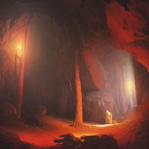 Prompt: clockwork night shadows and geometric light, forest, incandescent cave entrance to tinkerer's workshop, by Ivan Aivazovsky, charles o. perry, zack snyder, trending on Behance, intricate, godly, wide-angle, Kodak Ektar