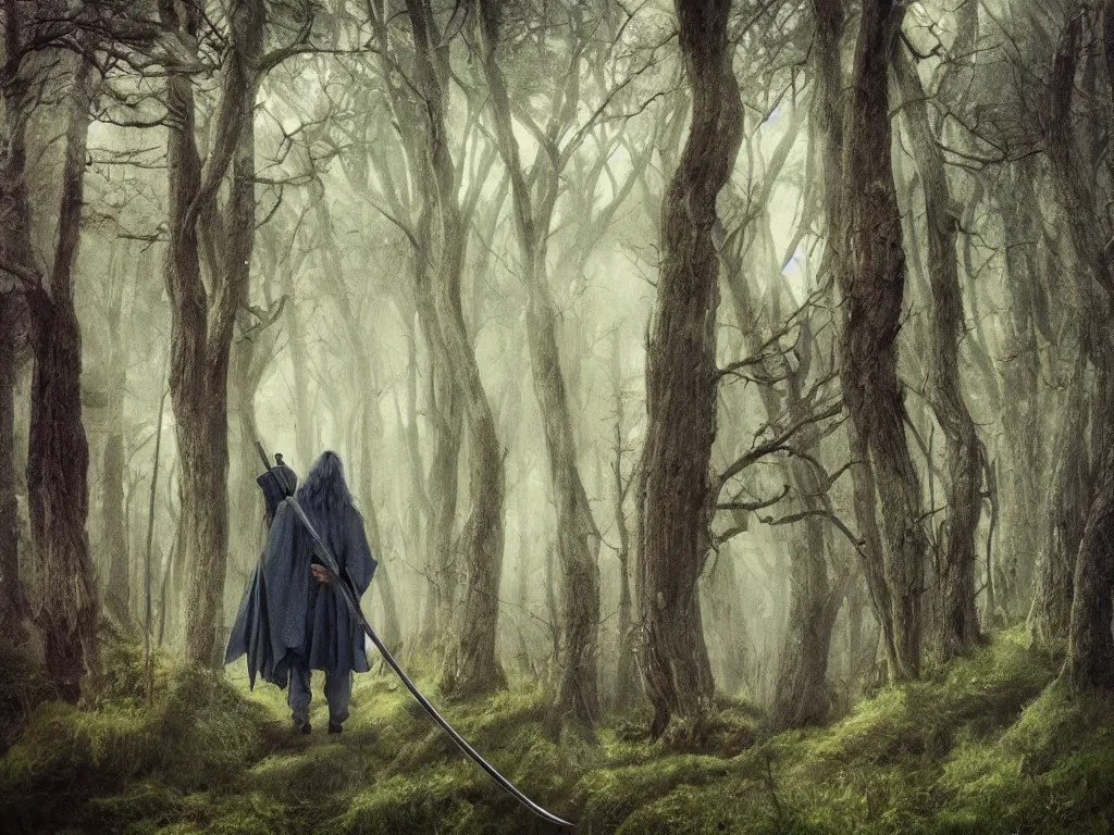 Image similar to Gandalf the Grey travelling in the forest, neo-romanticism, colorful