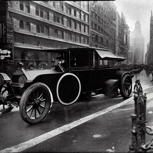 Image similar to old black and white photo, 1 9 1 3, depicting batmobile from dark knight rampaging through the bustling streets of new york city, rule of thirds, three - point perspective, historical record