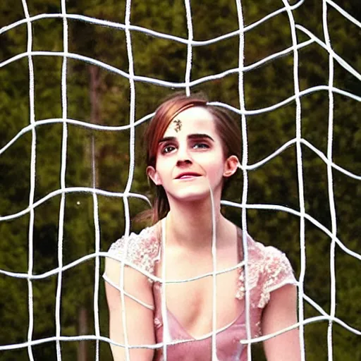 Image similar to annoyed annoying emma watson hanging from and trapped in a giant net