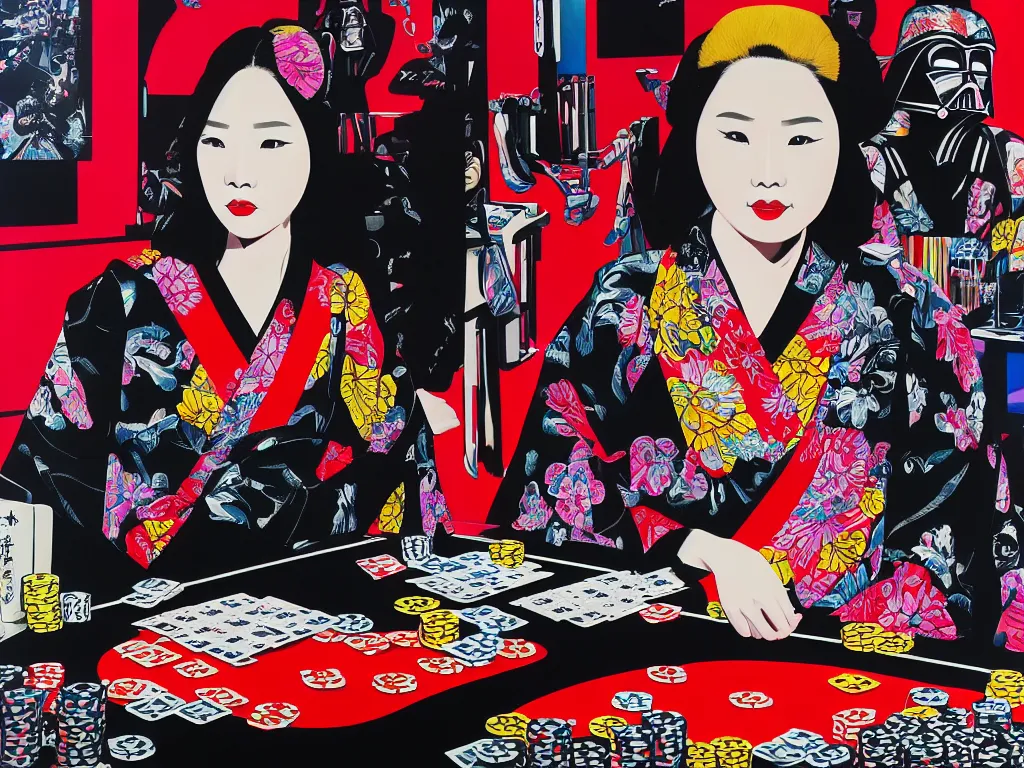 Image similar to hyperrealism composition of the detailed woman in a japanese kimono sitting at an extremely detailed poker table with darth vader, fireworks on the background, pop - art style, jacky tsai style, andy warhol style, acrylic on canvas