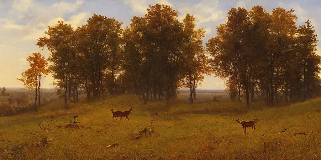 Prompt: autumn landscape with winged deer eating grass, faint sunrise, lush field, forest, matte painting, by Isaac Levitan and Vasily Perov