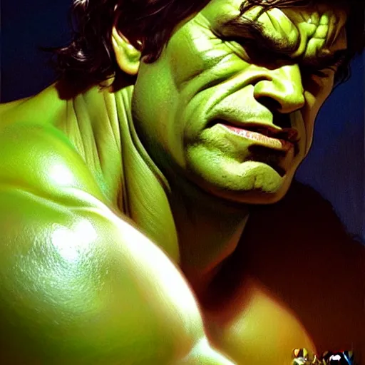 Prompt: portrait painting of the hulk, cinematic volumetric lighting f 8 aperture cinematic eastman 5 3 8 4 film photorealistic by greg rutkowski by stanley artgerm by alphonse mucha