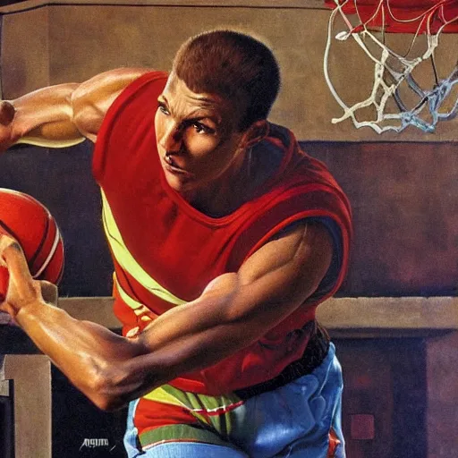 Image similar to samus aran playing basketball, extremely detailed masterpiece, roger deakin ’ s cinematography, oil on canvas, norman rockwell.