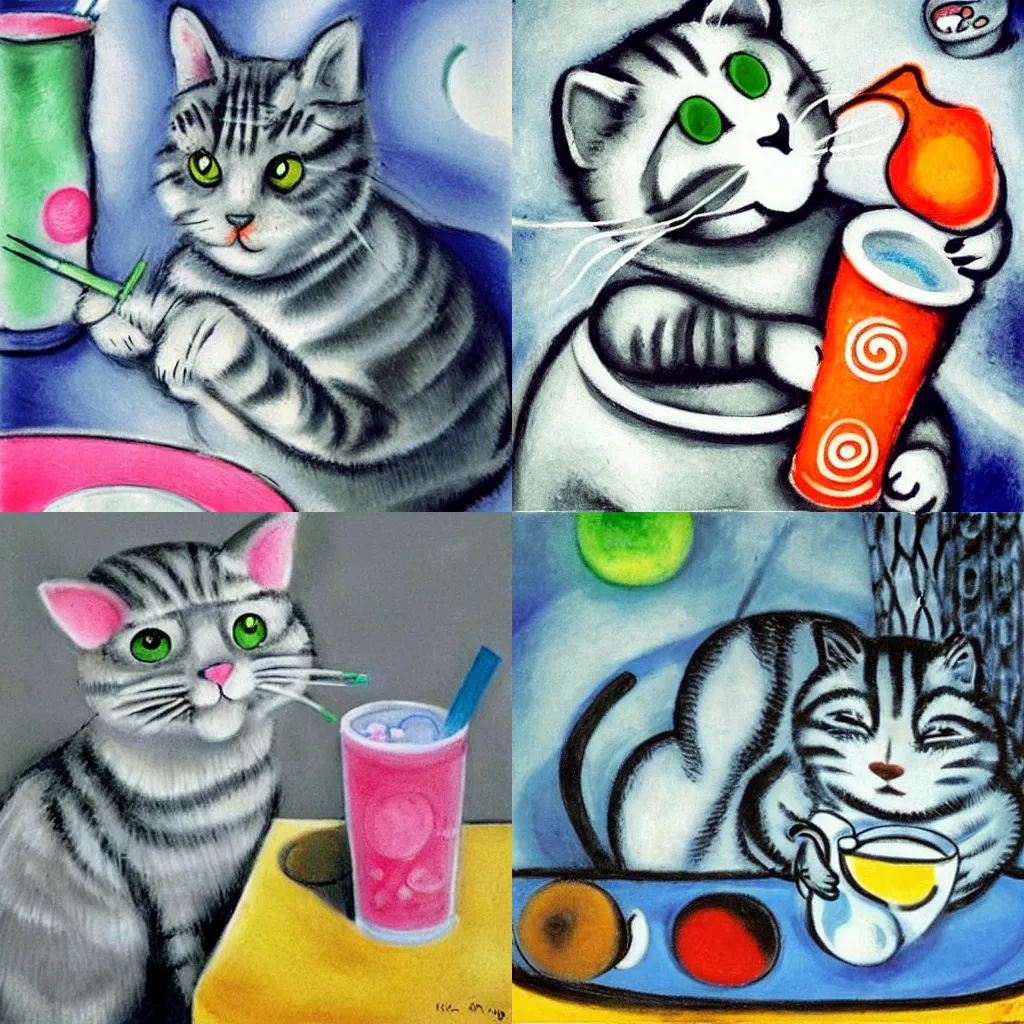 Prompt: a gray tabby cat, with a white nose, drinking boba tea with a straw - by Marc Chagall. highly detailed. cute.