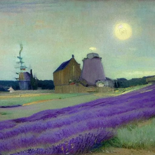 Image similar to painting of lavender field, highly detailed, beautiful lighting, mill in background by james abbott mcneill whistler