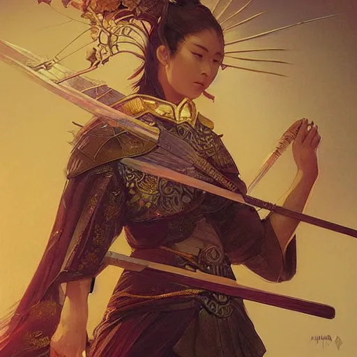 Image similar to female japanese sword goddess, d & d, golden!!! palette, highly detailed, digital painting, artstation, portrait, concept art, sharp focus, illustration, cinematic lighting, art by artgerm and greg rutkowski and alphonse mucha