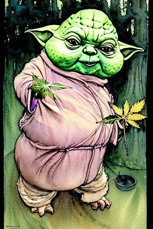 Image similar to a realistic and atmospheric watercolour fantasy character concept art portrait of a fat yoda with pink eyes giggling and holding a blunt with a pot leaf nearby, by rebecca guay, michael kaluta, charles vess and jean moebius giraud