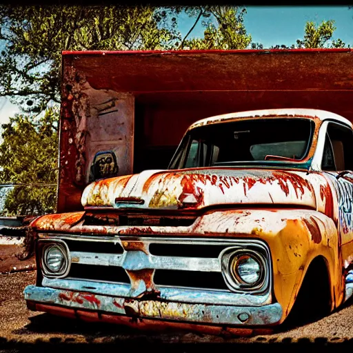 Prompt: Abandoned gas station on route 66, bird nest inside hood of white rusty vintage Ford pickup truck with flat tires, Nikon camera photo, style of 1970